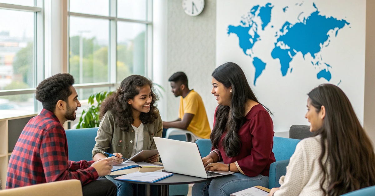 Abroad Study Consultancy Kerala students collaborating on a project in a modern study lounge